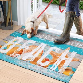 ASPMIZ Summer Welcome Beach Door Mat, Ocean Wood Front Doormats Home Entrance, Non Slip Doormat Rug with Rubber Backing, Absorbent Sea Areas Mats Low Profile Outside Patio Indoor Outdoor, 18" x 30"