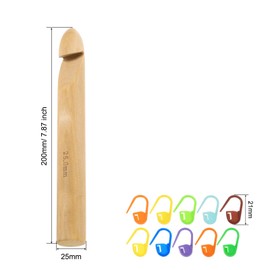 uxcell Wood Huge Crochet Hook 25mm US Size U Big Wooden Bamboo Crochet Needles with 10 Pcs Knitting Stitch Markers for Crocheting Giant Chunky Yarn