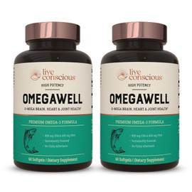 Live Conscious OmegaWell Fish Oil: Heart, Brain, and Joint Support | 800 mg EPA 600 mg DHA - Enteric-Coated, Sustainably Sourced - Easy to Swallow 120 Count (2-Pack)