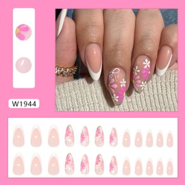 Tyuimhx Flowers Press on Nails Medium Almond Fake Nail with bow Designs White French Tip False Nails Spring Summer Full Cover Stick on Nail Acrylic Floral Artificial Glue on Nail for Women 24 Pcs