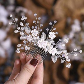 Kesvb Flower Bride Wedding Hair Comb Silver Pearl Bridal Headpiece Crystal Hair Accessories for Women