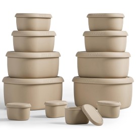 ISSEVE 12Pcs/Set Nesting Silicone Food Storage Containers with Lids, BPA Free Reusable Meal Prep Silicone Containers Airtight, Freezer Dishwasher Safe (33.8oz, 20oz, 10oz, 6.7oz, 1.3oz) (Beige)
