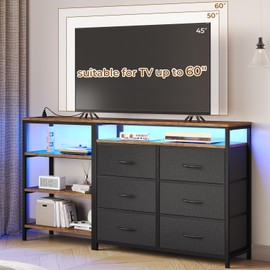 BTHFST TV Stand Dresser Bedroom for 60 Inch TV with LED Lights & Charging Station, Changable L Shape Corner TV Stand, 6 PU Drawers, 3 Open Shelves Entertainment Center (Black)