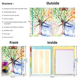 Ospelelf Clipboard Folio with Notepad for Letter Size, Clipboard Folder with Storage, 5 Folders with 10 Pockets, 39 Divider Label Stickers, Elastic Closure and Pen Loop Series (Tree Seasons)