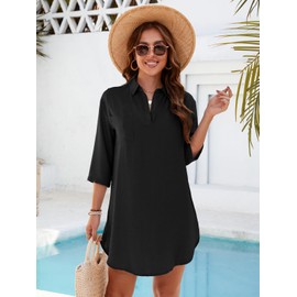 ZANZEA Women's Beach Dress Bikini Cover Up Beach Poncho Summer Swimwear Beach Cover Up Shirt, black, XL