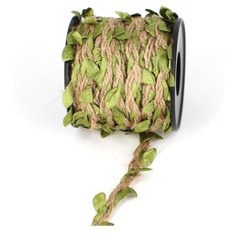 Burlap Leaf Ribbon, 10 Meters 5mm Natural Jute Twine Ribbon with Artificial Leaves for Crafts, Wedding, Jungle Safari Party, Home Decorations (Green, 10 Meters)