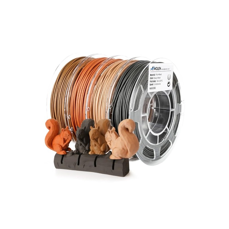 AMOLEN Wood PLA Filament Bundle 3D Printer Filament Wood Sets,Walnut,Cherry,Bamboo,Ebony,3D