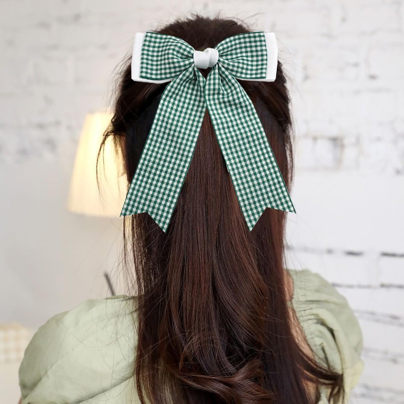 JOYFUNFABU 3Pcs Green White Gingham Hair Bow with Long Tail
