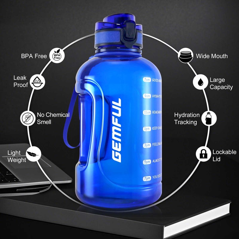 GEMFUL 2L Half Gallon Water Bottle with Time & Handle