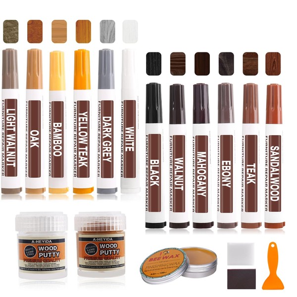Furniture Touch Up Markers - 12 Color Wood Repair Kit Wood Marker Pens with Wood Putty Filler and Beeswax, Hardwood Floor Furniture Scratch Repair Kit for Stains, Scratches, Floors, Tables, Cabinet