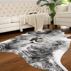 AROGAN Western Decor Faux Fur Cowhide Rug, 6 x 7 Feet Premium Animal Skin Cow Hide Rug, Sturdy Cow Print Rugs for Wall Decor, Western Floor Carpet for Bedroom Living Room, Black and Grey