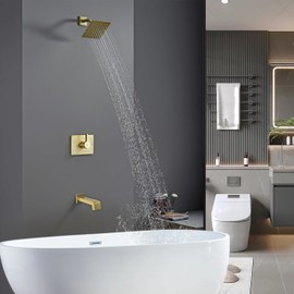 SOOOHOT Brushed Gold Shower Fixtues, Tub and Shower Faucet Set Combo with 6 Inch Gold Shower Head and Tub Spout, Gold Shower Head and Handle Set (Valve Included)