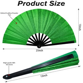 2 PCS Boots on The Ground Fan, Clap Fans for Line Dancing, 13" Glitter Large Rave Fans,Folding Clack Handheld Foldable Hand Fan for Dance, EDM Music Festivals & Parties(Green)