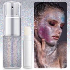 Hair Glitter Spray,Sliver Glitter Spray for Hair and Body Face Glitter Spray Long-Lasting Glitter for Hairspray Clothes Makeup Festival Stage Crafts(with Moisture Stick)