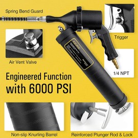 AZUNO Pneumatic Grease Gun, Heavy Duty 6000 PSI Air Compressor Grease Guns with Flex Hose, Metal Extension, Professional Coupler and Sharp Nozzle (Pneumatic Grease Gun+Grease Gun Coupler)