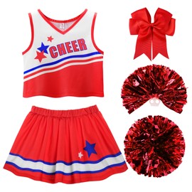 ReliBeauty Cheerleader Costume Children's Dress with Pompoms and Headpiece, Red, 140