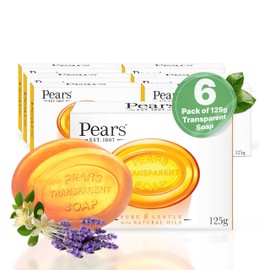 Pears Pure & Gentle Transparent Natural Soap Bar - Made with Natural Oils, Nourishing and Refreshing Bathing Cleanser, Gentle & Soothing Skin Care, Pure Transparency, Pack of 6 x 125g