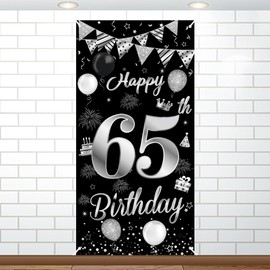 65th Birthday Party Decoration Black Silver Birthday Background Banner Decoration 65th Birthday Women Extra Large Birthday Banner Decor for Women Men Birthday Party Supplies Photo Prop