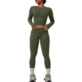 Workout Sets for Women 2 Piece Seamless Long Sleeve Top Hidden Scrunch Leggings Gym Outfits