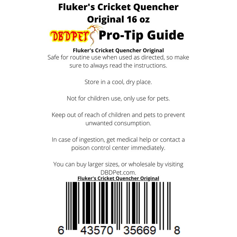 DBDPet Fluker's Cricket Quencher Original Formula 16oz - Includes Attached
