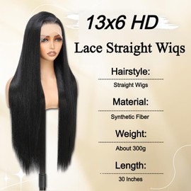 Yacurcur 13x6 Lace Frontal Wig Long Straight Wigs Pre-Plucked Hairline with Baby Hair Transparent Lace Synthetic Front Straight Wigs for Girls Daily Party Use 30 Inch (1B)