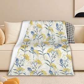 Throw Blanket for Couch,Leaves Yellow Berries Flannel Blanket Throw for Bed,Blue Leaves Theme Lightweight Soft Cozy Blanket for Couch Sofa Room Decor 50" x 60"