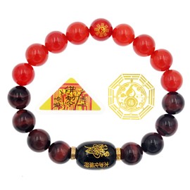 KMOATIM Feng Shui Bracelet for Women Wealth and Good Luck,10mm Red Agate Tigereye Beads Jewelry Gifts,with Chinese Amulet & Wu Lou Sticker (Red 10mm Beads)