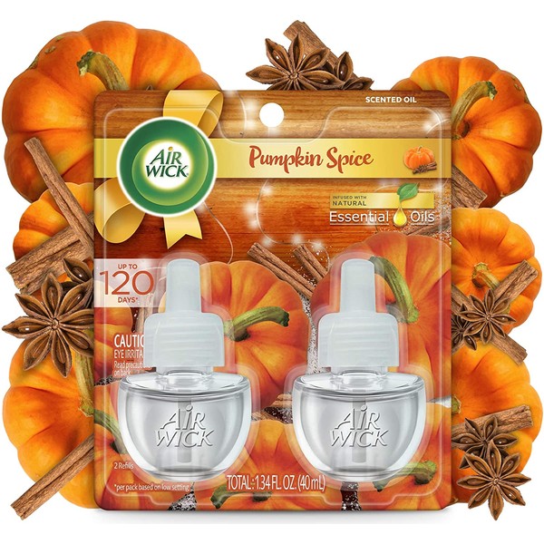 Air Wick Plug in Scented Oil 2 Refills, Pumpkin Spice, Fall scent, Fall spray, (2x0.67oz), Essential Oils, Air Freshener, Packaging May Vary