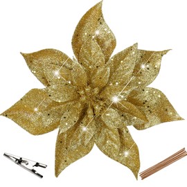 Oairse Set of 8 Artificial Glitter Christmas Flowers, Poinsettia Flowers with Clips for Christmas Tree DIY Decoration, Artificial Flowers for Holidays, Dining Table Centerpiece, New Year Ornaments,