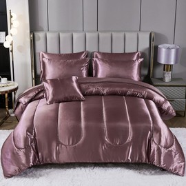 Satin Comforter Set with Sheet Set King Silk Like Satin Bed in a Bag 8 Pieces Luxury Silky Bedding with 1 Comforter, 1 Flat Sheet, 1 Fitted Sheet, 4 Pillowcases, 1 Cushion Cover (King, Blush Pink)