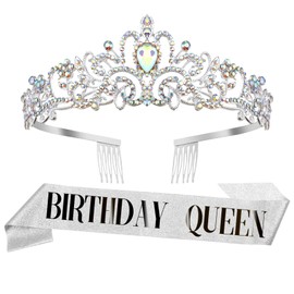 Rhinestone Crystal Princess Queen Crown Tiara Sash with Headband - Birthday Gift Decorations and Accessories for Girls and Women