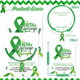 Landical Mental Health Awareness Bracelet with Metal Plated Ribbon Shaped Charm Motivational Cards Green Awareness Ribbon Bracelets for Men Women Mental Health Awareness Month Gifts (25 Pcs)