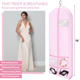 Shinylin 70" Oxford Foldable Wedding Dress Garment Bag Bride Tote Bag 4 Pockets Bride Gowns Bag for Prom Evening Dress(Pink)