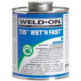 WELD-ON 12495 735 Wet 'N Fast Medium-Bodied High Strength PVC Cement - Extremely Fast Setting and Low-VOC, Blue, 1 Quart (32 fl oz)
