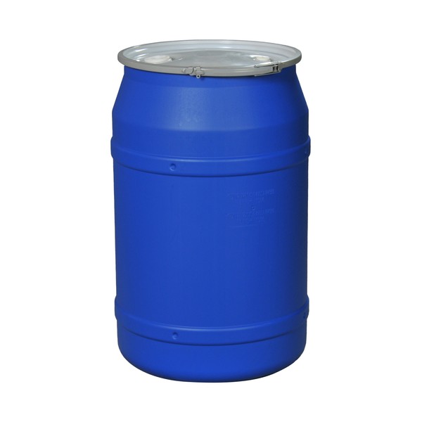 Eagle 55 Gallon Straight-Sided Barrel Drum with Metal Band and Plastic Lid with Bungs, Blue, X-Large, 1656MBBG