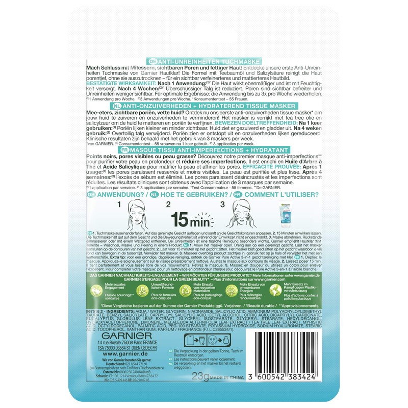Garnier Cloth Mask, Face Mask for Oily Skin, Anti-Impurities, Formula