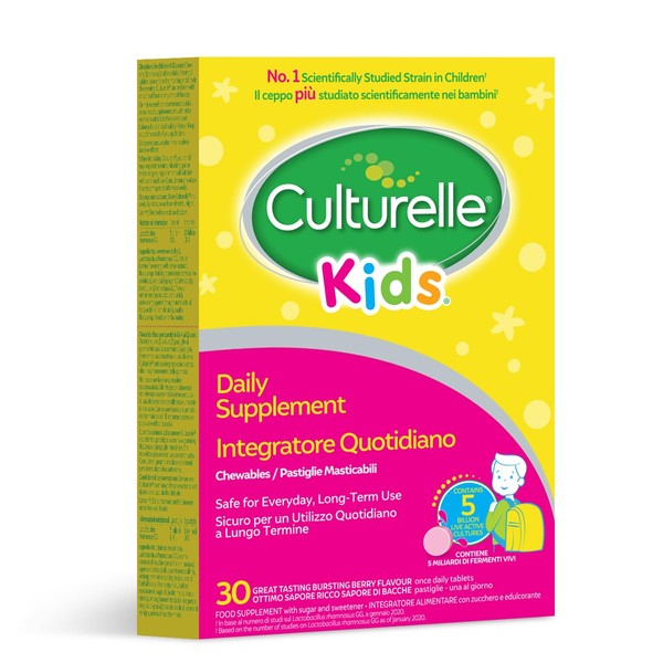 Culturelle® Kids Daily Probiotic Supplement for Children |Gut Friendly Live Bacteria| Help Gut Microbiome | Lactobacillus rhamnosus GG| 30 Chewable Tablets | Vegan |