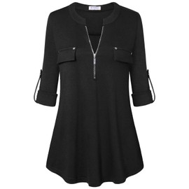 Bulotus Women's Casual V Neck Cuffed Sleeve Zip Front Blouse Top Shirts,Black,Small