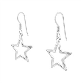 Silverly Sterling Silver Hammered Open Star Dangle Earrings for Women - French Hook Design - Boho Celestial Jewellery - Fun Y2K Style - Best Friend Birthday Gift - Hypoallergenic and Nickel Free