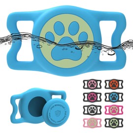 QRtagLab Waterproof Dog Collar Air tag Holder,Stretchy Silicone Full Body Covered Apple Air Tag Holder for Dog Cat Collars (Blue-Luminous)