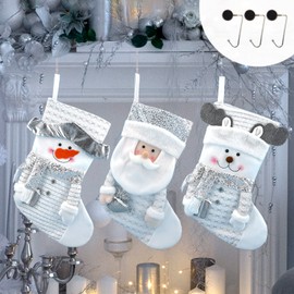 Fassory Christmas Stocking Set of 3 with Anti-Slip Hooks Hangers, Xmas Sock Gift Bag Candy Pouch Bag, Large Christmas Tree Ornament, 3D Santa Snowman Reindeer Fireplace Hanging Decors (Silver & White)