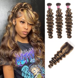 Loose Deep Wave Bundles Human Hair with Closure 14 16 18+14free Blonde Highlight Bundles with 4x4HD Lace Closure Brown Highlight Bundles Human Hair Loose Deep Wave