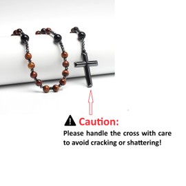 BJ BshuxiuJ Elegant Stone Rosary Necklace with Black Agate and Hematite Beads – Handcrafted Rosary Bead Cross Necklace for Men (Red Tiger Eye Rosary)