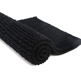 Pincy Chenille Non-slip Bath Mat - 50 x 80 cm Shaggy Microfiber Bathroom Mat - Fast Water Absorbent, Machine-washable Durable Floor Rug, Perfect for Tub, Bathroom, Room (Black)