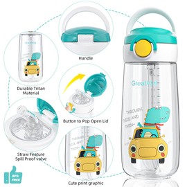 Children's Leak-Proof Drinking Bottle (500 ml), Drinking Bottle with Straw, BPA-Free, Automatic Push Button, Carry Strap, Lightweight, Leak-Proof, Children's Bottle, Kid School, Girls, Boys, Sports