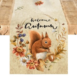 ZCHOMI Fall Leaves Squirrel Table Runner 13x72 Inch Seasonal Autumn Harvest Kitchen Dinning Table Decoration for Indoor Outdoor Home Party Decor