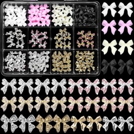 3D Bow Nail Charm and Gems, 60 Pcs Silver Gold Alloy Bowknot Nail Gems, 4 Colors Bows Acrylic Nail Art Charms Glitter Nail Gems Charms for Nail Art DIY Decoration Accessories Crafts
