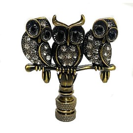 3 OWL LAMP SHADE FINIAL ANTIQUE BRASS W/CRYSTAL BEADS... 1/4-27 FINIAL THREAD