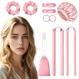Rizadores de pelo sin calor, 2 tamaños, color rosa, juego con gorro para dormir, Scrunchies y clips para el pelo, para cabello largo y mediano