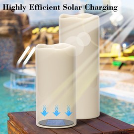DRomance Large Solar Flameless Candles Outdoor Waterproof Dusk to Dawn Solar Rechargeable Battery LED Flickering Pillar Candles for Patio Porch Garden Lantern Decor(2 Pack, 4" D x 8", 10" H)